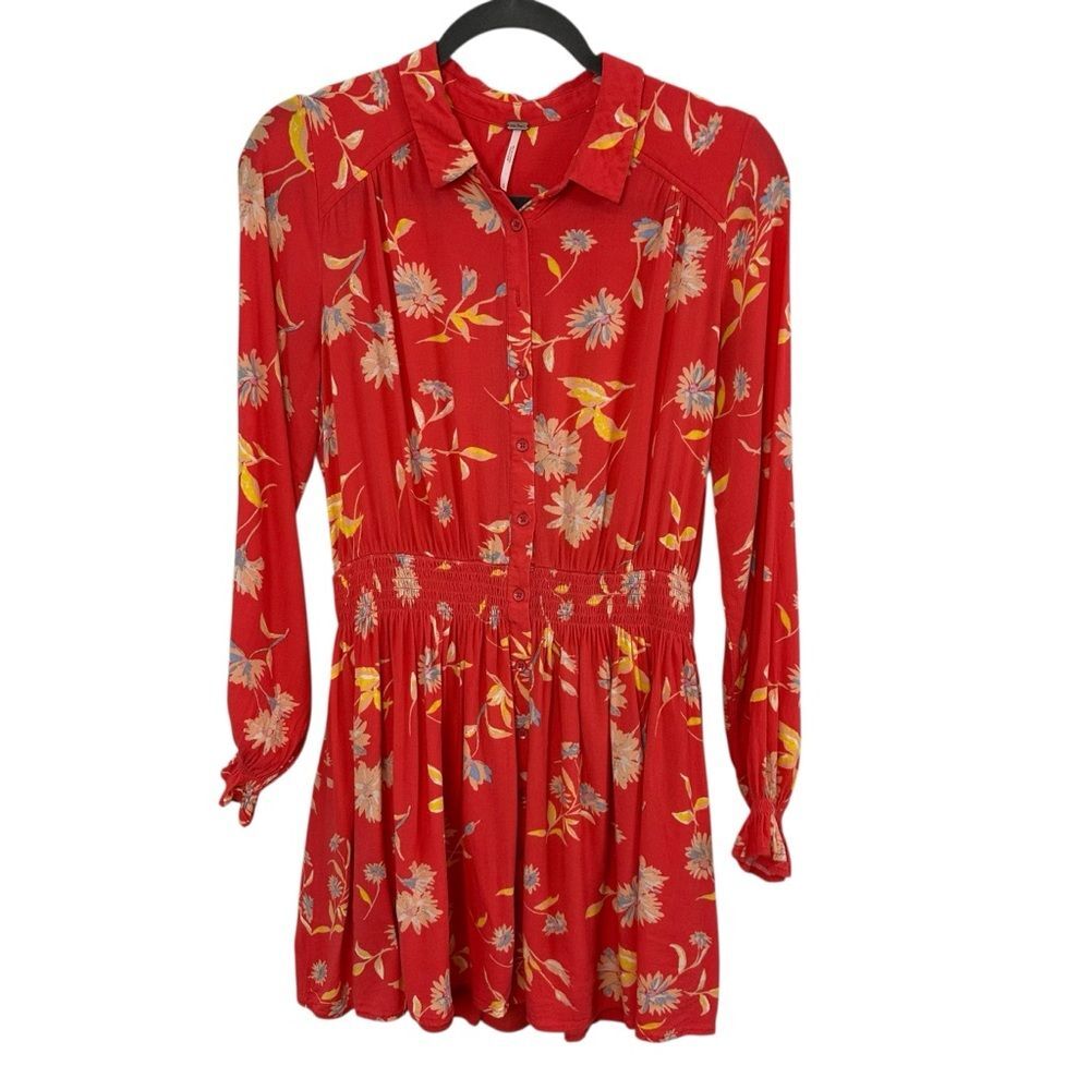 Free People Ruthie Floral Button Down Mini Shirt Dress Size Small Orange, Coral